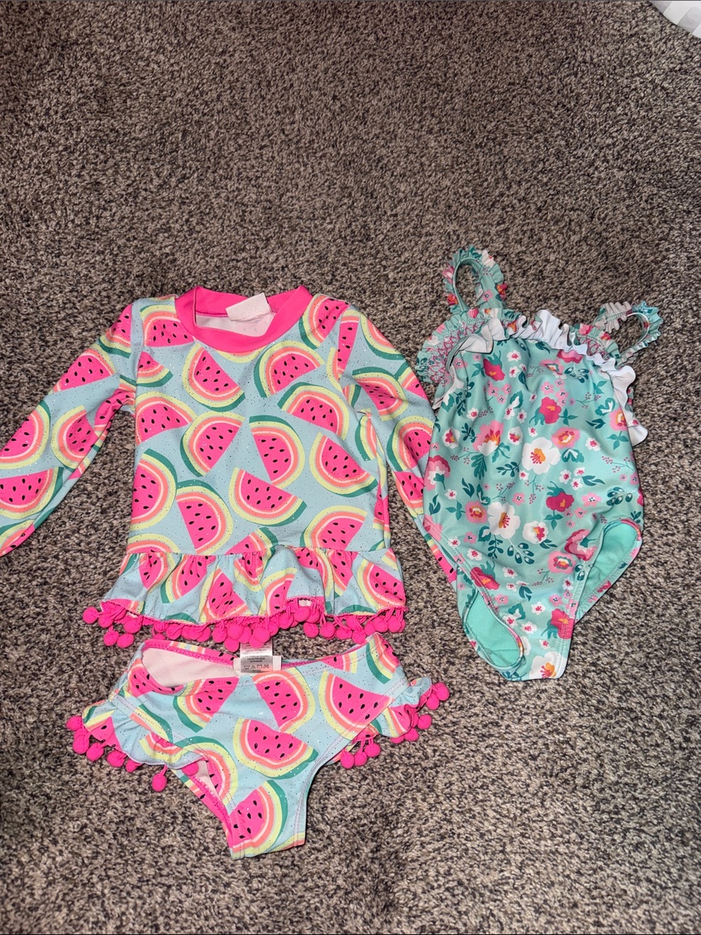 Girls Watermelon Ruffle Swim Set + Floral One-Piece - Pink & Aqua